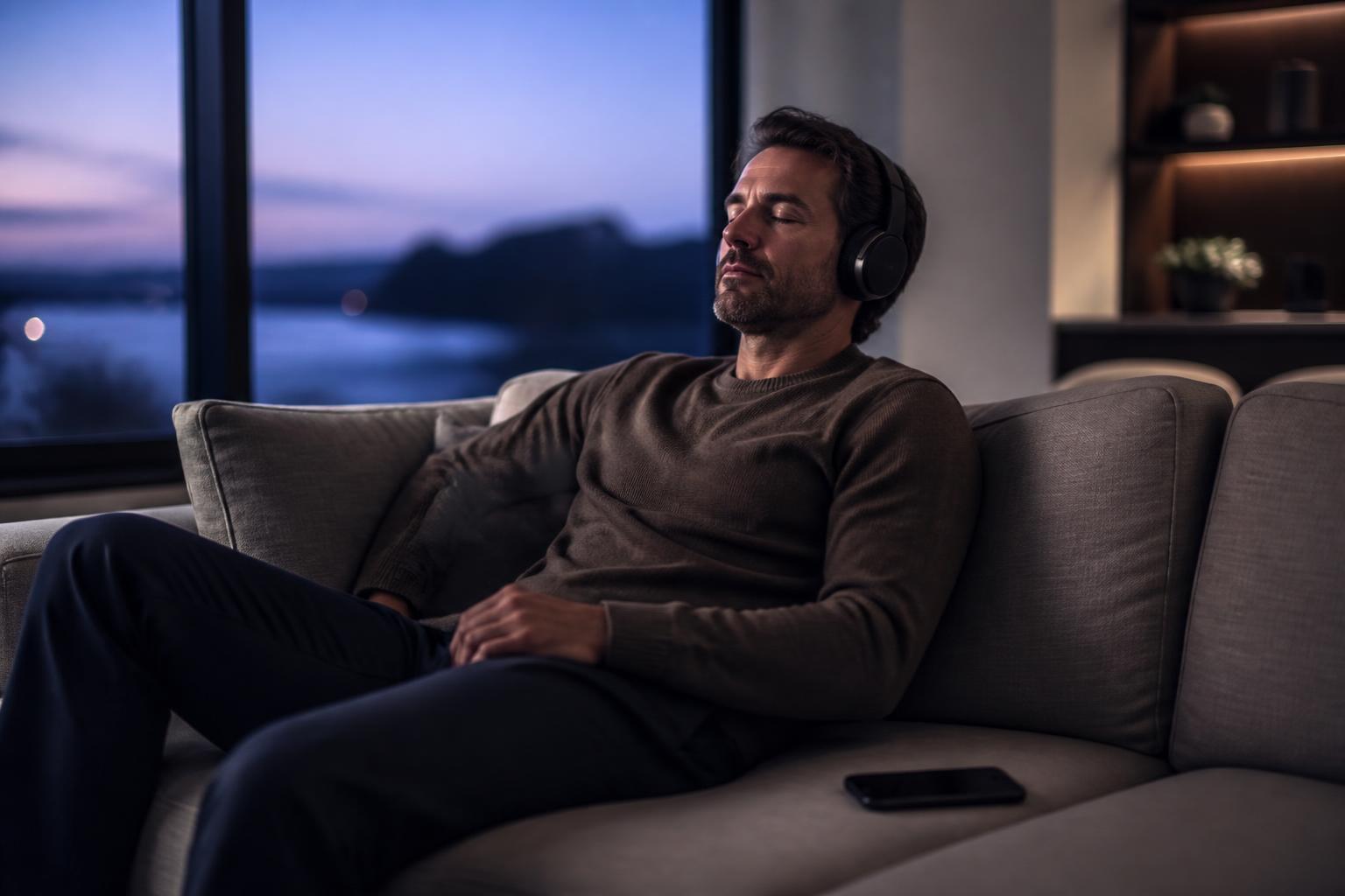 A man sitting on a sofa by a window at dusk wearing headphones with his eyes closed, phone placed face-down beside him