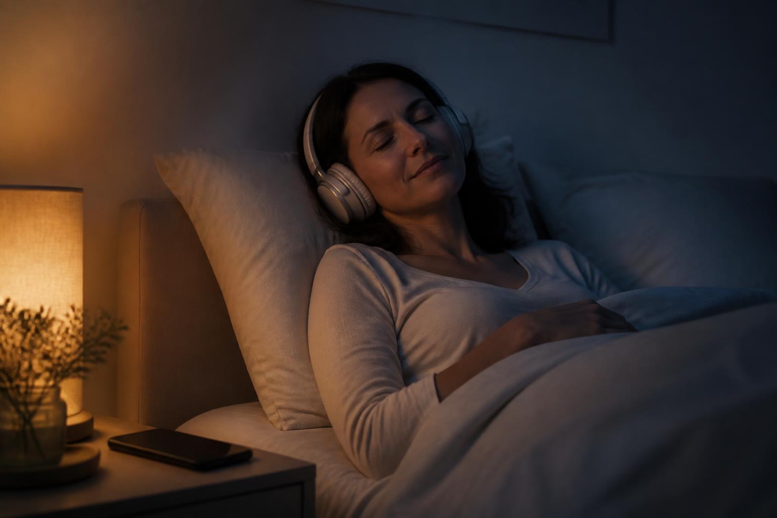 A woman lying in bed at night wearing over-ear headphones with her eyes closed, a warm bedside lamp glowing and her phone resting face-down on the nightstand